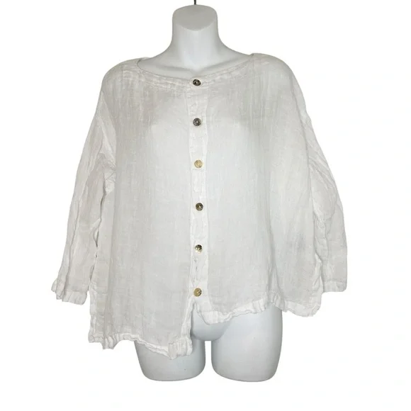 Banana Blue linen white asymmetrical top small Lagenlook oversized artsy boho - Picture 1 of 9